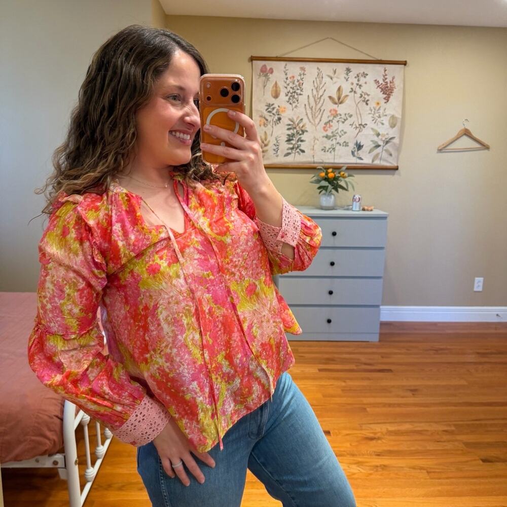LoveShackFancy Pink Watercolor Cotton Silk Long Sleeve Eyelet Blouse Top Small